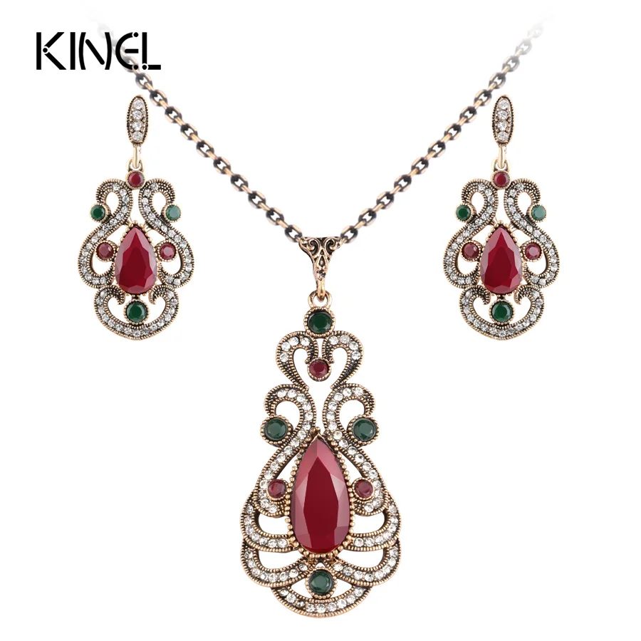 

2017 New Vintage Jewelry Sets Water Drop Red Resin Necklace Earrings Set For Women Turkish Accessories Party Gift
