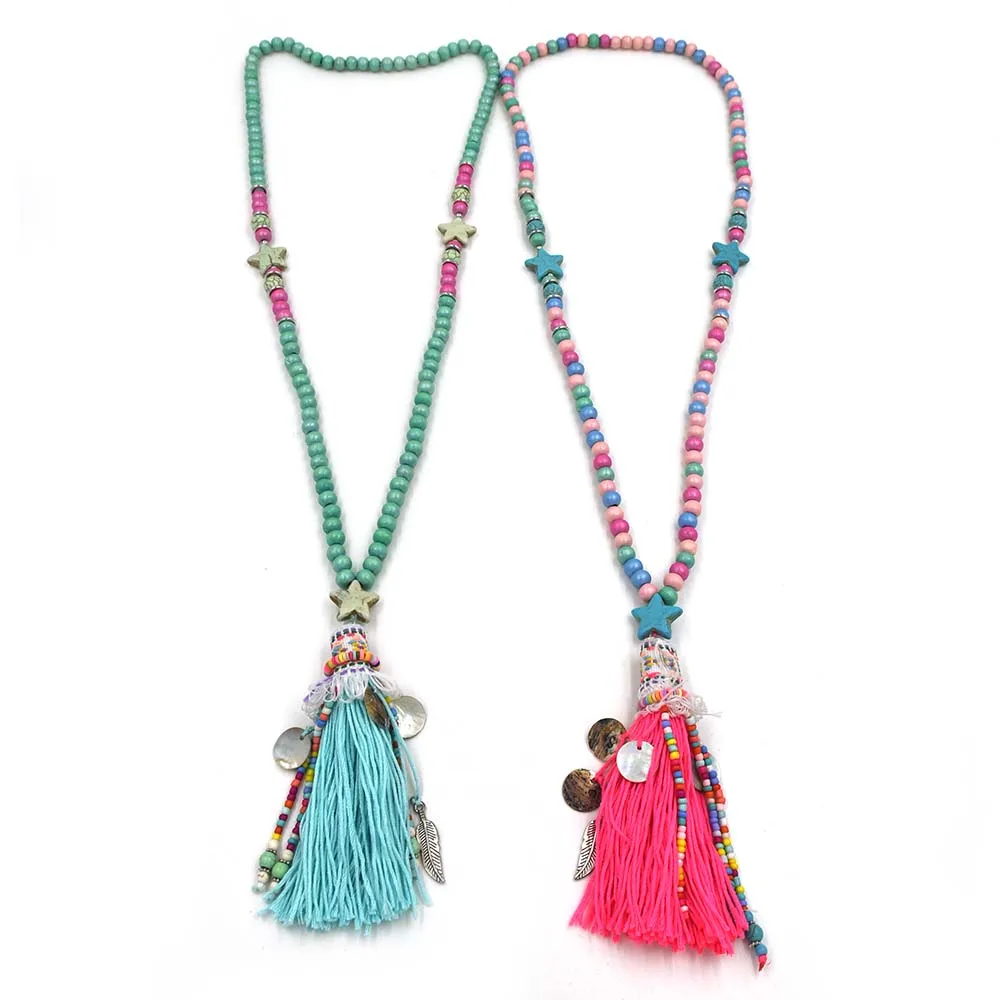 2017 New Pink Tassel five stars pentagon pendents necklace boho Bohemiam long fringe statement wooden beads Chain Maxi Necklaces