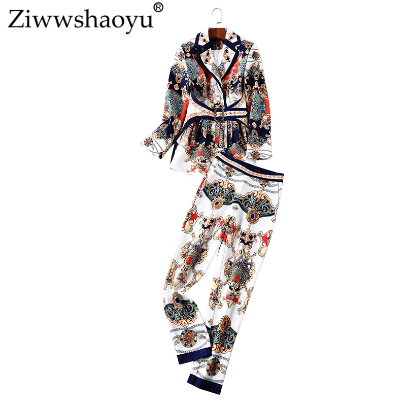 Ziwwshaoyu High Street Print костюм из двух предметов с отложным воротником драпированные створки приталенное пальто осенний дизайнерский подиумный комплект