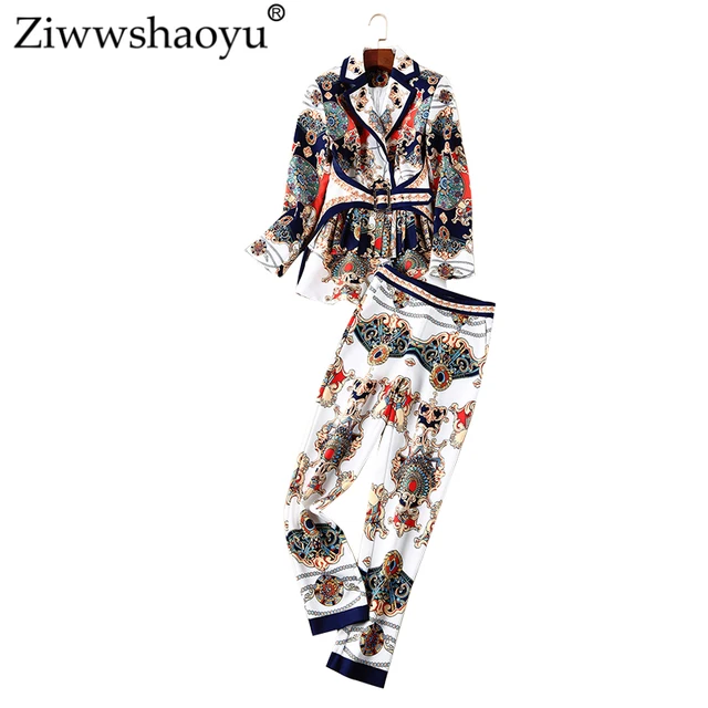 Cheap Ziwwshaoyu High Street Print Two-piece suit Turn-down Collar Draped Sashes Slim fit coat 2018 Autumn Designer Runway New Set Cheap Ziwwshaoyu High Street Print Two-piece suit Turn-down Collar Draped Sashes Slim fit coat 2018 Autumn Designer Runway New Set