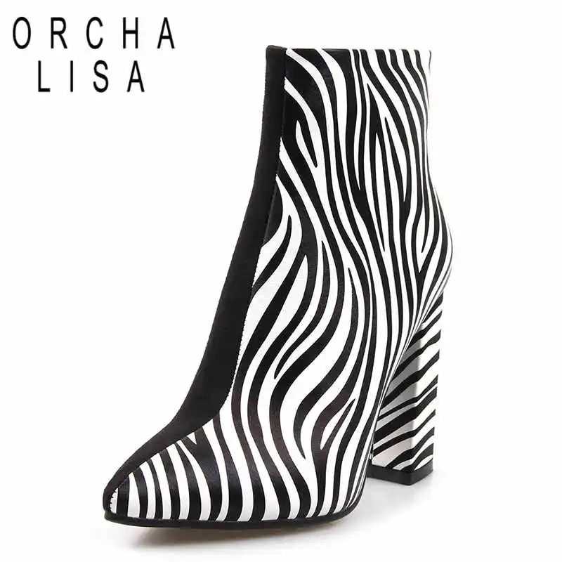 

ORCHA LISA Sexy Women Ankle boots with square heel pointed toe boots zebra print patchwork shoes Botas mujer pluz size 41