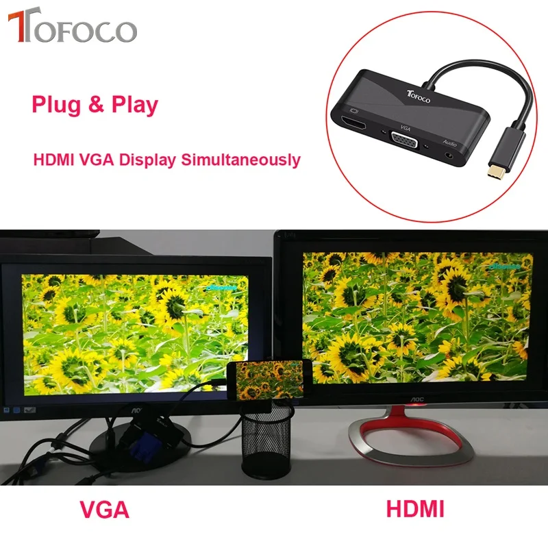 TOFOCO 3 в 1 USB C type C к HDMI VGA 3,5 мм аудио адаптер USB 3,1 USB-C конвертер кабель для ноутбука Macbook телефон