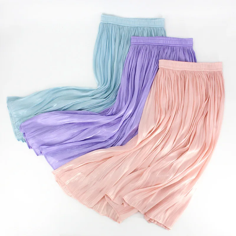 

Summer Woman Elastic High Waist Solid Pleated Long Skirt Korean Style Candy Color Glossy Satin Maxi Skirt Slim Fit A Line Skirt