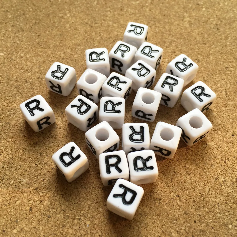 

Black Single Initial R Printing Cube Alphabet Acrylic Beads 8*8MM Square Single English Character Initial Jewelry Bracelet Beads