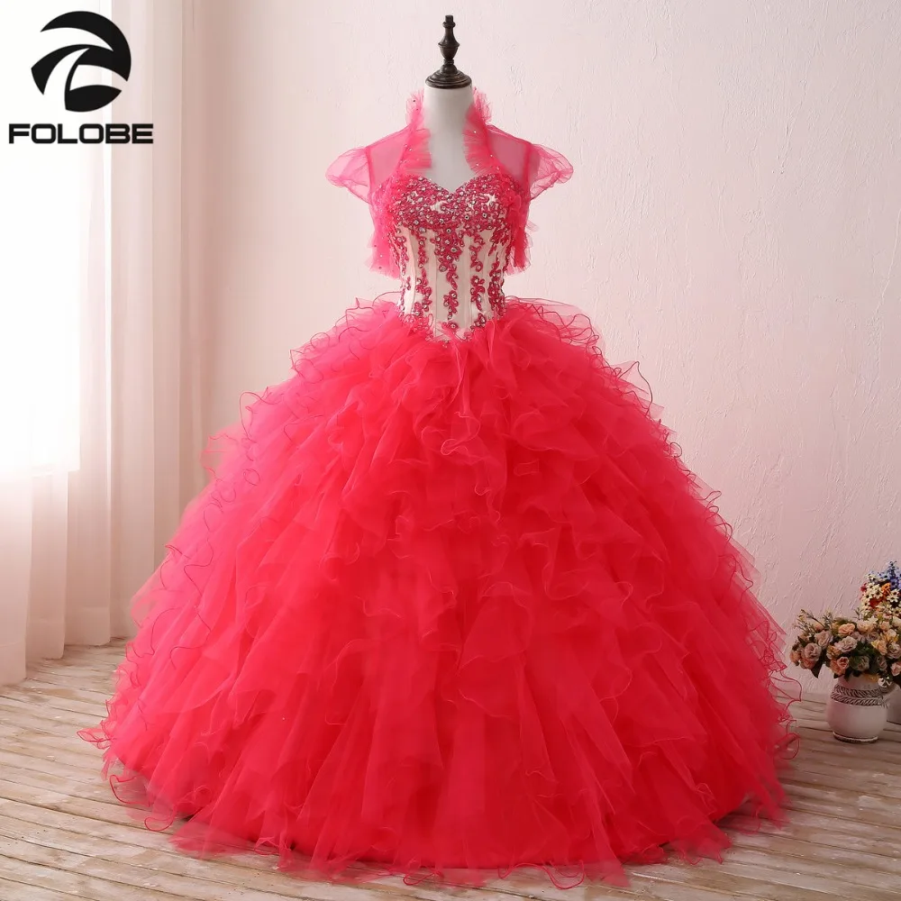 

Sweet Strapless Beading Lace Vestidos De Festa Ruffles Appliques Organza Ball Gown Quinceanera Dresses With Jacket Prom Gowns