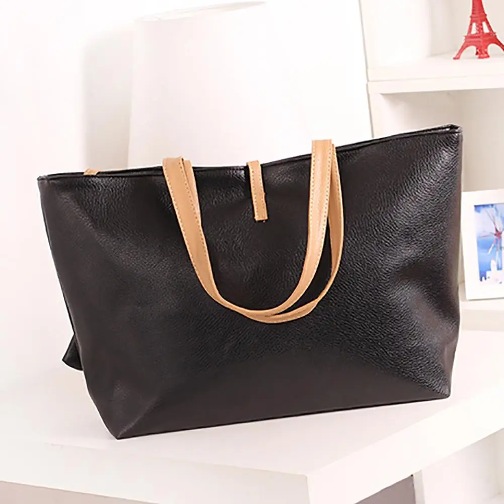 Fashion Solid Color Faux Leather Tote Shoulder Bags Women Office