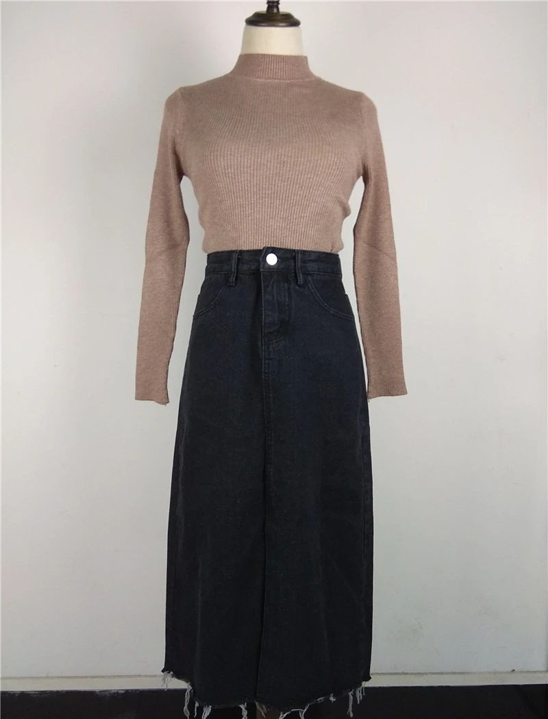 Однотонная джинсовая женская юбка в стиле ампир, осень, милые трапециевидные юбки с высокой талией, Женская Повседневная тонкая длинная юбка с карманами