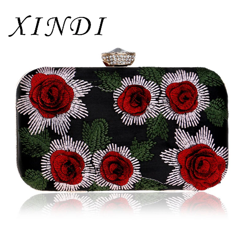 

XINDI Ladies Crossbody Shoulder Bags Vintage Embroidery Women Evening Bag Flower Rose Rhinestones Small Purse for Party Wedding