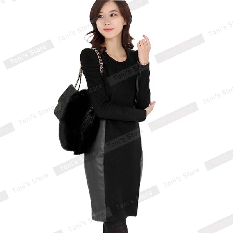 Осенне-зимнее платье элегантное женское карьера контрастное платье с длинным рукавом длиной до колена из искусственной кожи платья-карандаш, пэчворк BTY528