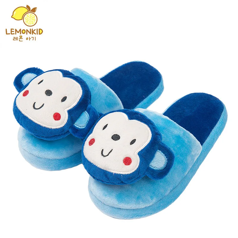 LEMONKID Корея г. Весенние плюшевые Тапочки Дети 3D мультфильм тапки с обезьяной ребенок теплая зимняя домашняя обувь Мальчики Нескользящие - Цвет: Blue