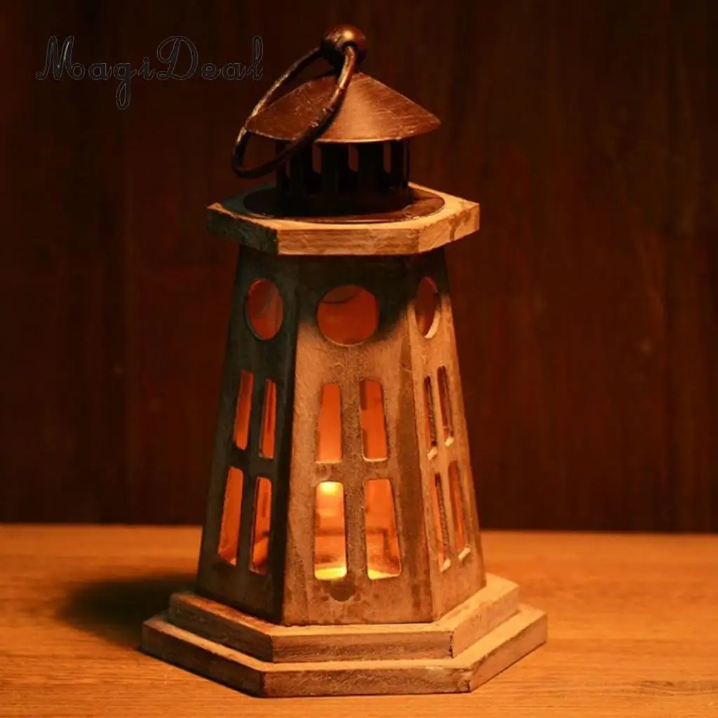 Wooden Lighthouse Light Tower Candle Holder Tea Light Lampshade Tabletop Decor Ornament Carved Handcraft	