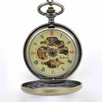 

Elegant Bronze Tone See Though Case Hand Wind Mechanical Pocket Watch w/ Chain Nice Gift Wholesale Price H195