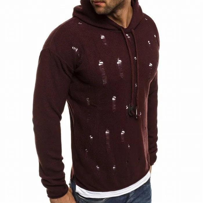 Рваные с капюшоном свитер мужчин sueter hombre пуловер мужчин уличной хип-хоп вязаный свитер мужчин Slim Fit пуловер