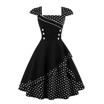 Vintage Summer Dress Women Patchwork Polka Dots Button BLack 1950s Elegant Retro Dresses Female Party Swing Dresses