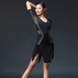 2019 Сальса Самба Танго платье латино платье для танцев Женский, черный костюмы латинских танцевальный костюм для соревнований бахрома