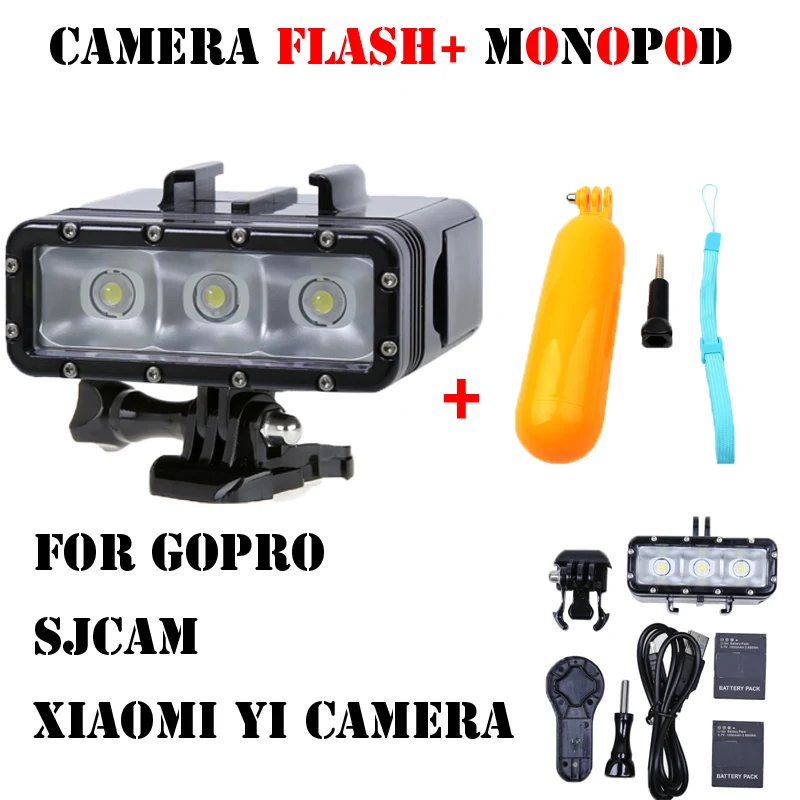

new Waterproof Diving LED Light Diving Flashlight LED Lamp + floaty monopod for GoPro Hero 4 3 2 SJ4000 XIAOMI YI II 2 4k camera
