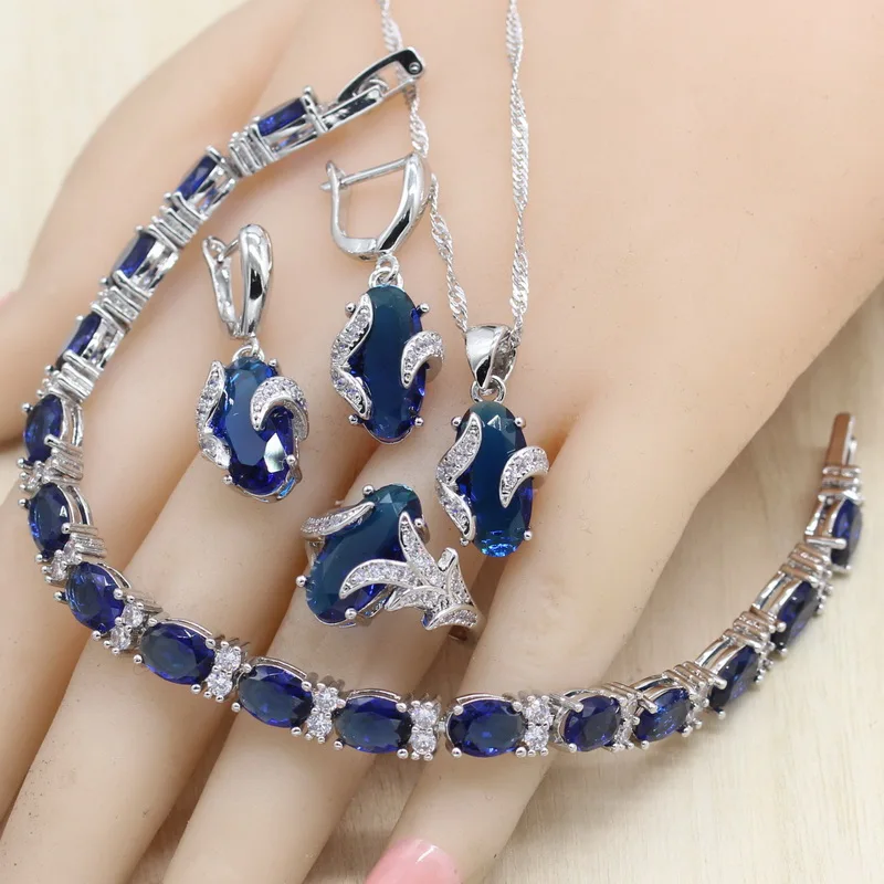 

Oval Royal Blue Semi-precious Women 925 Sterling Silver Jewelry Sets with Bracelet Necklace Pendant Earrings Ring Birthday Gift