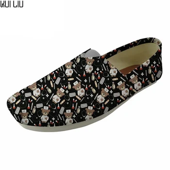 

Customized HOT SALE Cute Nurse Bear Pattern Black Women's Flats Shoes Ladies Casual Loafers Shoes Woman Canvas Lazy Shoes Mujer