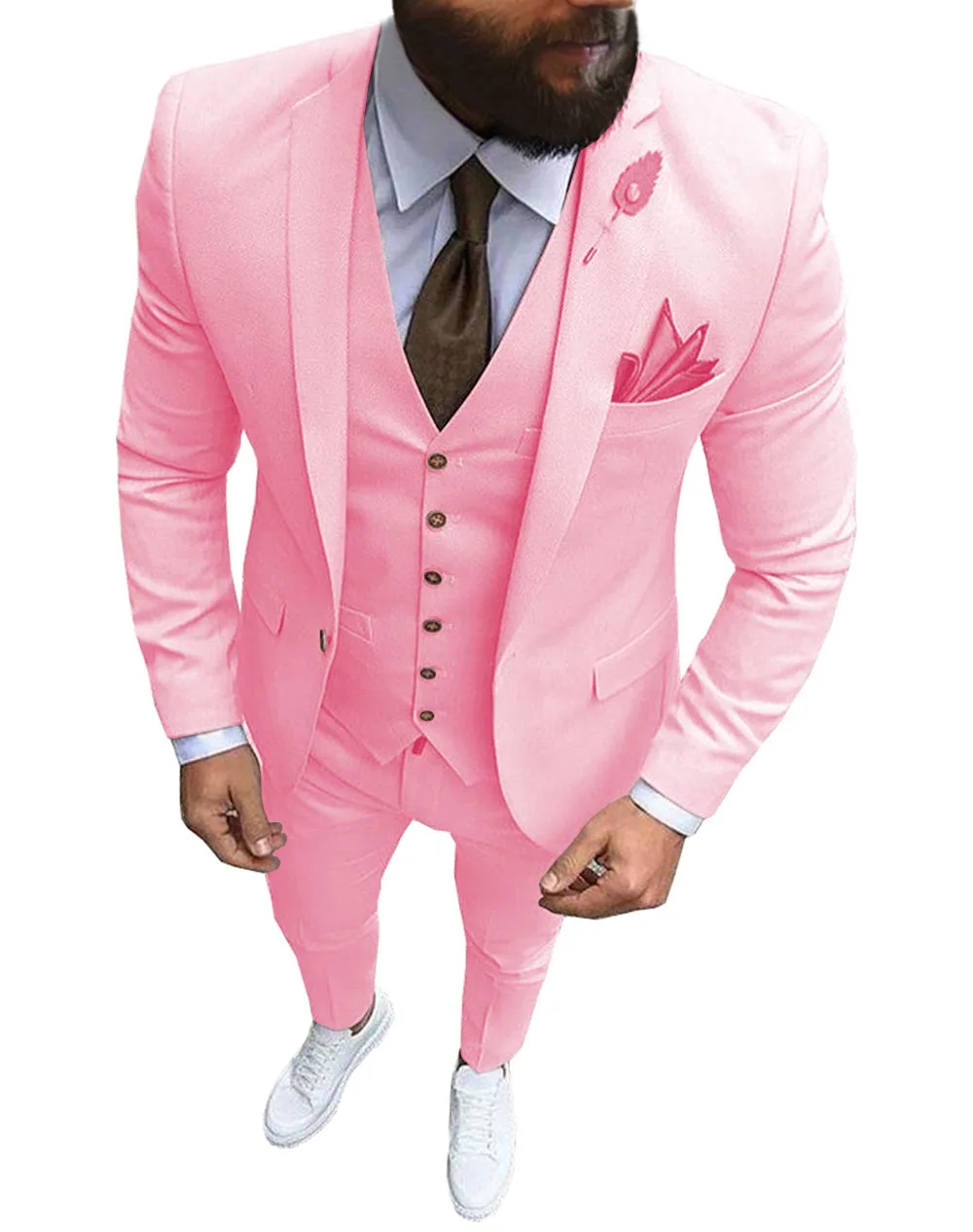 thumbnail image 1 of Nuevo traje rosa de 3 piezas para hombre, traje formal de negocios con solapa con muesca, esmoquin ajustado, chaqueta para padrino de boda (chaqueta + chaleco + pantalones), 1 of 5