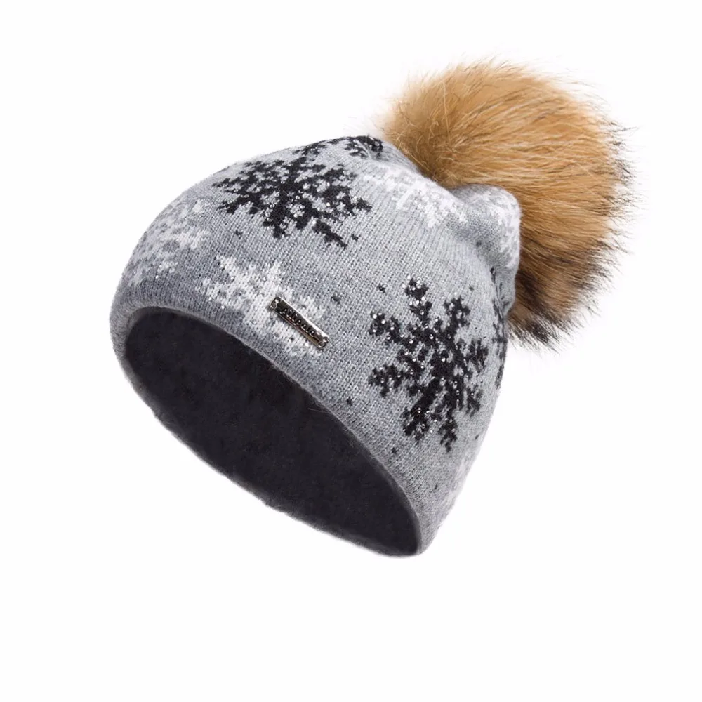 Кашемировая шапочка большого размера с помпоном из натурального меха для женщин, зимняя теплая шапка-помпон с принтом снежинки Fur Story 17602