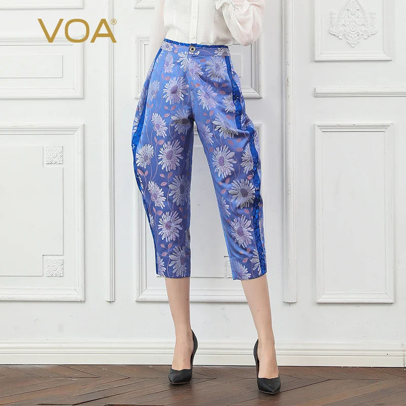 

VOA Silk Jacquard Hand Painted Harem Pants Women Cropped Trousers Fall Mid Waist Rococo Floral Print Elegant Ladies Retro K789