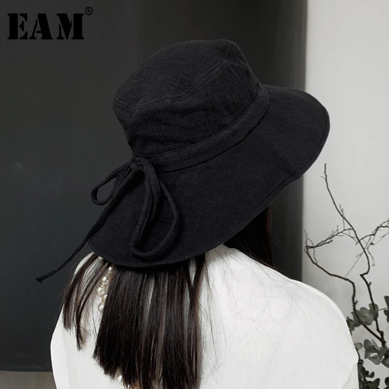 

[EAM] 2019 New Spring Summer Round Dome Temperament White Linen Bandage Bow Fishermen Hat Women Fashion Tide All-match JQ809