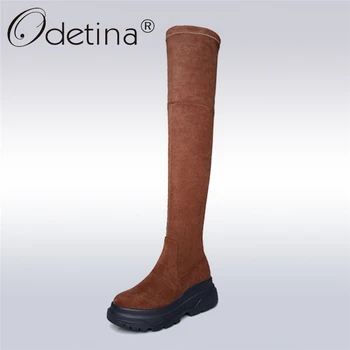

Odetina Kid Suede Leather Women Over The Knee Boots Fashion Platform Flat Size Zip Girls Concise Thigh High Boots Spring Autumn