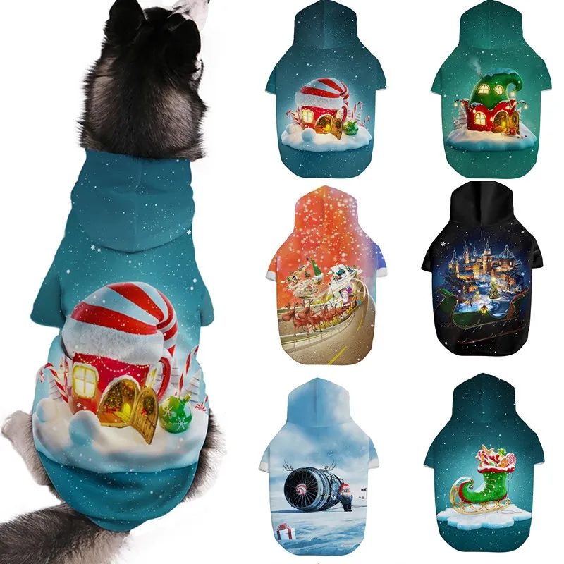 Рождественская одежда для домашних животных кофты для щенков с капюшоном 3D печатных Одежда для собак костюм Новая одежда куртка, пальто с принтами котенка одежда для щенков Лидер продаж