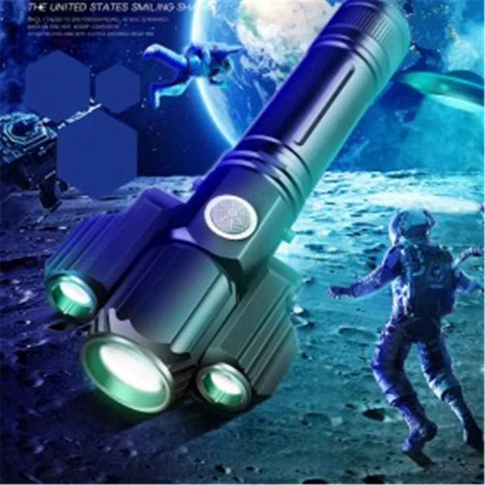 

Multifunction Glare LED Three-head Flashlight Zoom Outdoor rechargeable Spotlight Lamp