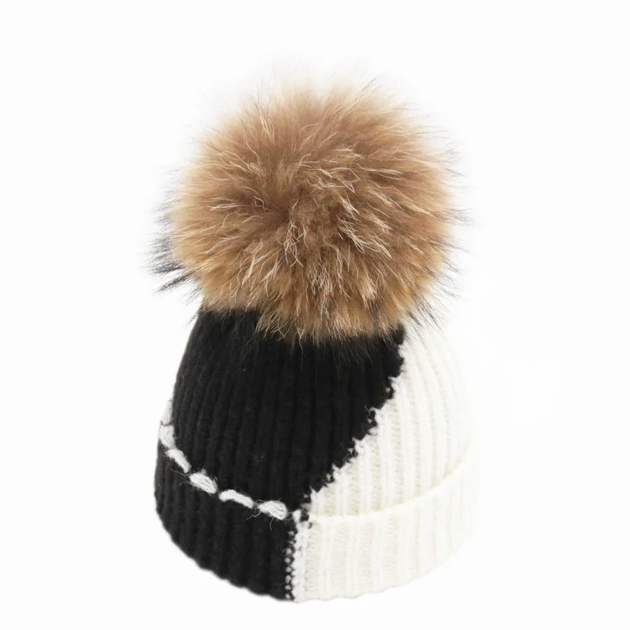 Новый Лоскутная Для женщин зимние съемным мехом лисы Pom pom вязаная Skullies шапочки шапки шерсть пушистая свернувшись меха Шапки