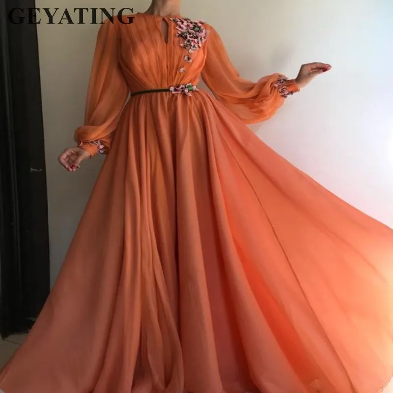 Элегантное оранжевое платье 3D цветы длинный рукав вечернее платье для мусульманских женщин Vestido ano novo длинное арабское Формальное вечернее женское платье Дубай платье для выпускного вечера - Цвет: Оранжевый