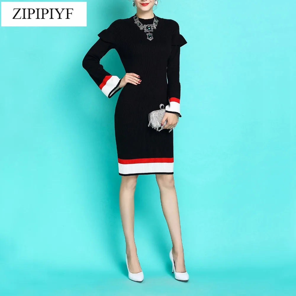 

2018 Spring Summer Runway Fashion Women Full Long Flare Sleeve Black reffles Pencil Knit Dress Sexy Party Dress D106