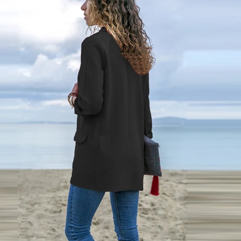 Lossky Women Blazers Autumn Spring Long Sleeve Turndown Collar Pocket Decoration Office Outfits New Casual Black Red Blazer Coat