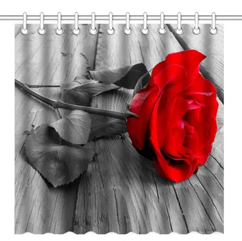 

Shower Curtain, Awesome Red Rose Flower on The Old Grey Wood Floor, Waterproof Polyester Fabric Decorative Bath Curtains
