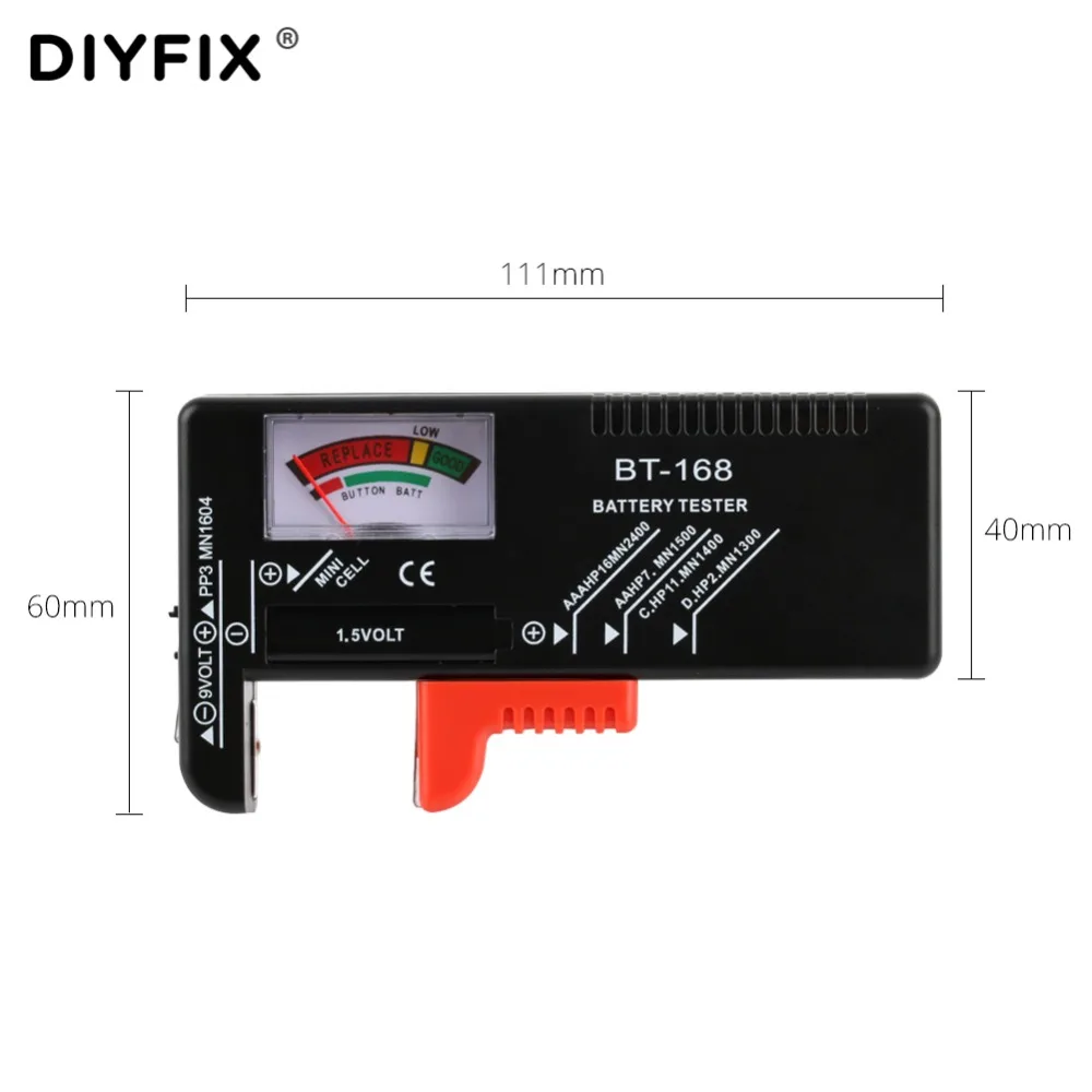 DIYFIX BT-168 тестер батареи для 9 в 1,5 в кнопочный элемент AAA AA C D универсальный тестер емкости батареи проверочный диагностический инструмент