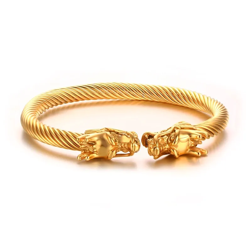 GG Men's Double Head Dragon Bracelet Adjustable Stainless Steel Twisted Wire Viking Gold Color Cuff Wire Bracelets Bangles Jewelry - Окраска металла: GG