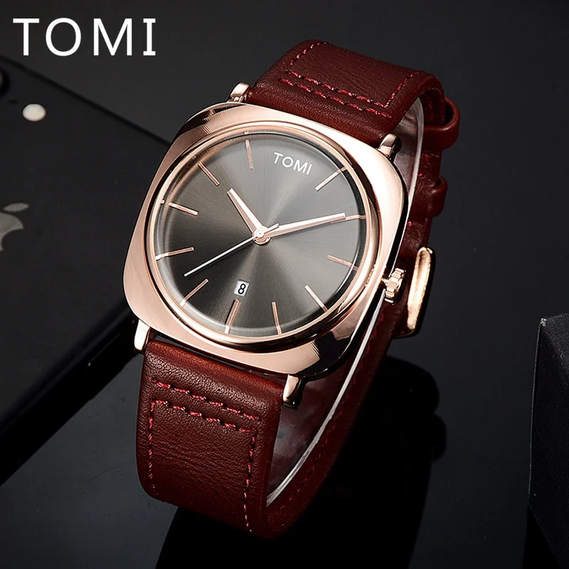 Tomi 2017 New Men Luxury Brand Rose Gold Leather Strap Watch Luxury