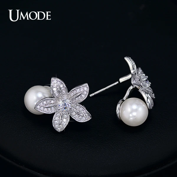 UMODE 2016 High Quality Simulated Pearl With Tiny AAA CZ Cubic Zirconia Flower Earrings Christmas Gift Jewelry UE0134