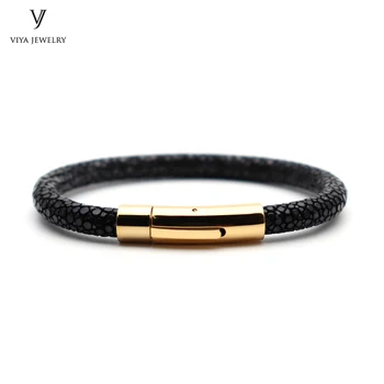 

Genuine Stingray Leather Cord Bracelet Snap Lock 6mm Leather Bracelets Cylindrical Shape Spring Buckle Stingray Leather Bracelet