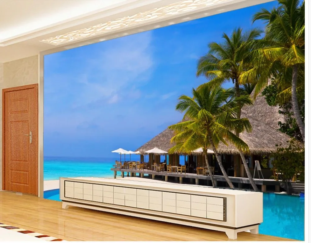 Пользовательские 3d фото обои Мальдивы морской пейзаж дерево хижина фон для