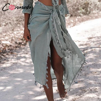 

Conmoto Cotton Sexy Summer Women Skirts Solid Tassel Wrap Skirt High Waist Midi Casual Beach Skirt