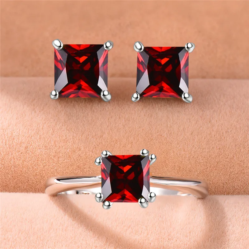 

Charm Female Small Red Crystal Ring Earrings Jewelry Sets Fashion Boho Stud Earrings For Women Vintage Wedding Jewelry Gifts