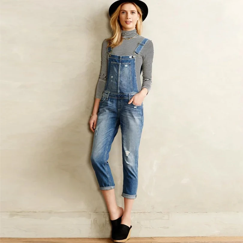 Women Adjustable Crisscross Straps Loose Long Denim Jumpsuits Dungaree