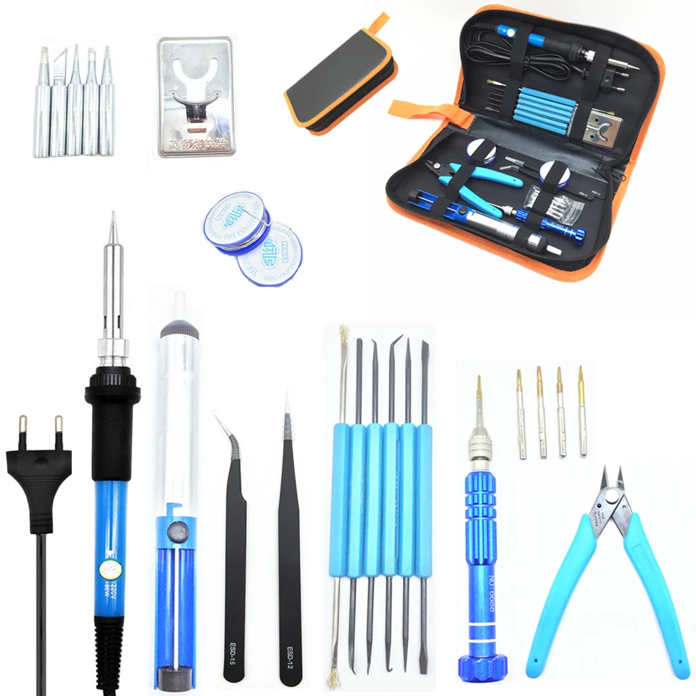 

220V/110V 60W Adjustable Temperature Electric Soldering Iron Set + Tips Tweezers Solder Wire Repair Tool Kit