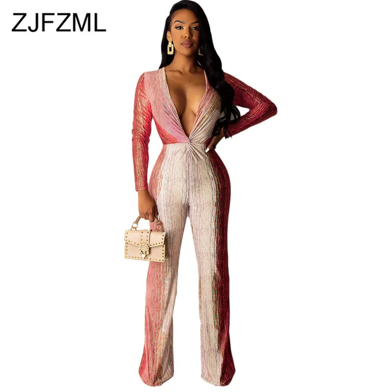 

Gradient Deep V Neck Sexy Bodysuit Long Sleeve Club Party Bodycon Rompers Womens Jumpsuit Plus Size Empire Wide Leg Playsuit
