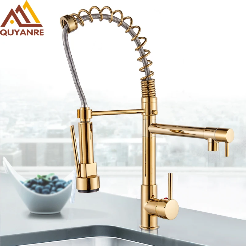 

Quyanre Golden Chrome Spring Pull Down Kitchen Faucet Dual Spouts 360 Rotation Single Handle Kitchen Mixer Tap 2 Outlet Taps