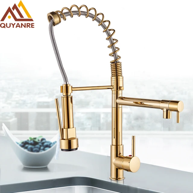 Best Price Quyanre Golden Chrome Spring Pull Down Kitchen Faucet Dual Spouts 360 Rotation Single Handle Kitchen Mixer Tap 2 Outlet Taps