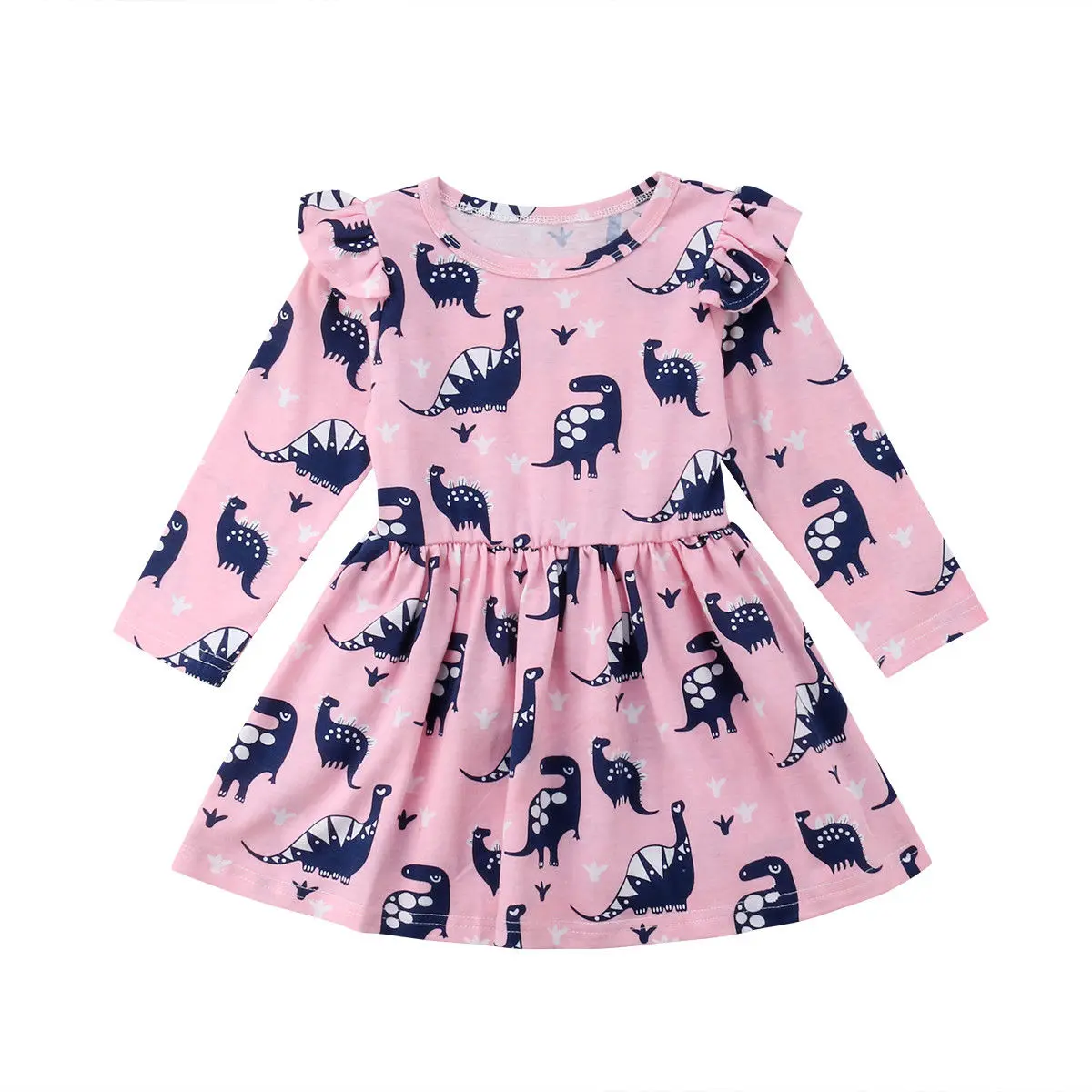 Newborn Kids Baby Girls Long Sleeve Dinosaur Dress Cotton Cute Kids