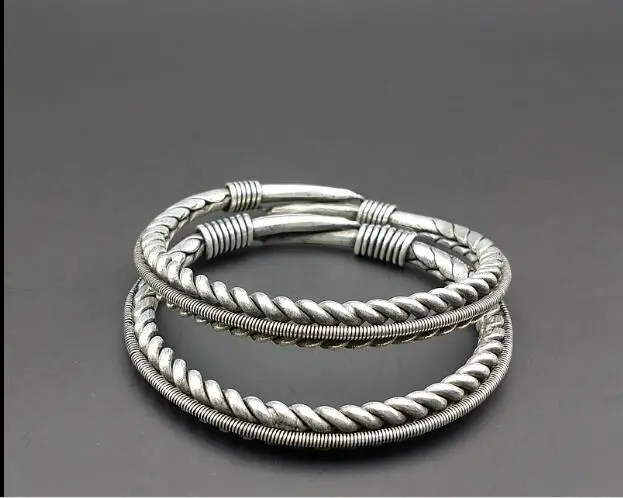 National characteristics Handmade Miao Silver bangle Cuff Bracelet 2PC A pair 