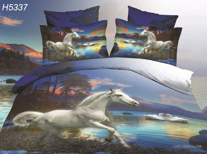 3d colchas reina caballo blanco 3d juegos de cama juegos de cama de cisnes HD digital lago ropa de cama juegos de edredones 3d del nuevo diseño 5337|linen comforter sets|set seglinen